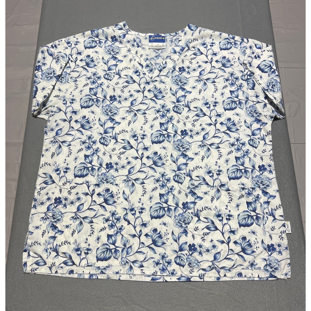 Crest V-Neck Scrub Top Blue White Floral Butterfly Print Women Large 109 580